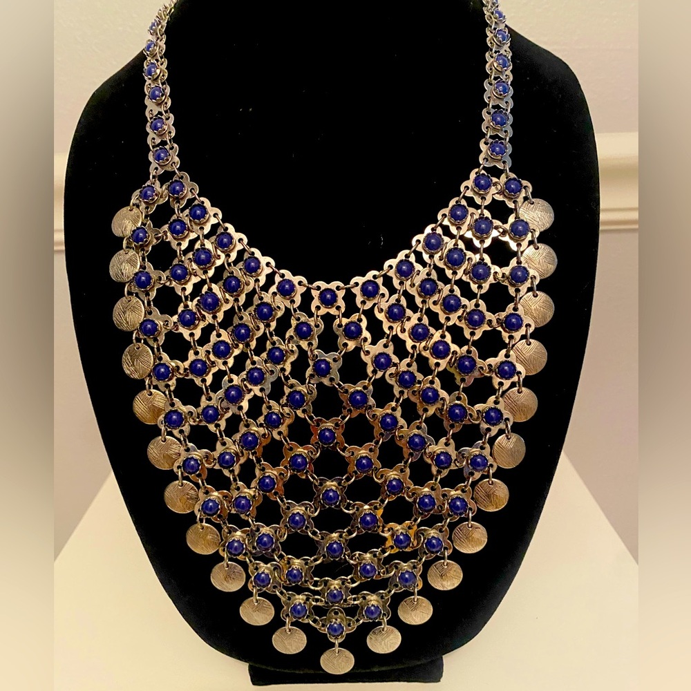 Blue and silver bib necklace. 21 inches